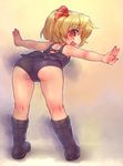  :d ass bent_over black_swimsuit blonde_hair blush boots darkness fang hair_ribbon highres kneepits looking_at_viewer looking_back one-piece_swimsuit open_mouth outstretched_arms red_eyes ribbon rumia sankuma short_hair smile solo swimsuit touhou 
