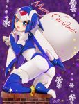  adapted_costume android ass bent_over blue_eyes blue_footwear blue_legwear blue_santa_costume bodysuit boots bridal_gauntlets camellia36kiyo chimney fur_trim helmet high_heels highres leviathan_(rockman) looking_at_viewer looking_back merry_christmas open_mouth rockman sack santa_costume snowflakes solo source_request thigh_boots thighhighs 