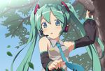  aqua_hair bad_id bad_pixiv_id bare_shoulders blue_eyes blush cropped detached_sleeves hatsune_miku headset long_hair necktie solo tree twintails utamaru_(konomix) vocaloid 