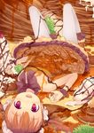  :d bad_id bad_pixiv_id brown_hair cherry dress food food_as_clothes fred04142 fruit ice_cream looking_at_viewer lying minigirl on_back open_mouth original pancake pantyhose red_eyes smile solo syrup twintails waffle white_legwear 