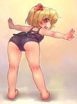  :d ass barefoot bent_over black_swimsuit blonde_hair blush fang hair_ribbon highres kneepits looking_at_viewer looking_back one-piece_swimsuit open_mouth outstretched_arms red_eyes ribbon rumia sankuma short_hair smile solo swimsuit touhou 