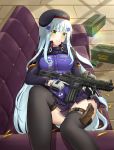  absurdres ammo_box artist_request assault_rifle bangs beret black_hat black_legwear blunt_bangs commentary_request couch eyebrows_visible_through_hair girls_frontline gloves green_eyes gun hair_ornament hat heckler_&amp;_koch highres hk416 hk416_(girls_frontline) holding holding_gun holding_weapon indoors jacket korean_commentary long_hair lying on_back on_couch plaid plaid_skirt pleated_skirt rifle skirt thighhighs vertical_foregrip weapon white_hair 