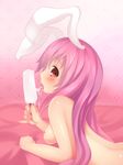  animal_ears breasts bunny_ears food highres lavender_hair licking loki_78 long_hair looking_at_viewer medium_breasts nipples nude popsicle red_eyes reisen_udongein_inaba sexually_suggestive solo touhou upper_body very_long_hair 