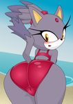  amber_eyes beach blaze_the_cat blush butt cat feline female fur hi_res mammal one-piece_swimsuit ponytail purple_fur seaside sega solo sonic_(series) swimsuit water xniclord789x 