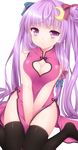  alternate_costume bad_id bad_pixiv_id black_legwear blush china_dress chinese_clothes cleavage_cutout close-up crescent crescent_hair_ornament double_bun dress etou_(cherry7) hair_ornament hair_ribbon heart_cutout highres long_hair no_panties patchouli_knowledge pink_dress purple_eyes purple_hair ribbon shiny shiny_skin simple_background sitting solo thighhighs touhou wariza white_background 