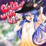 bare_shoulders blue_eyes dress fang food fruit hat hinanawi_tenshi long_hair microphone one_eye_closed open_mouth peach red_eyes smile solo takorice touhou 