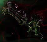  1boy armor belt capcom deviljho deviljho_(armor) electricity glowing glowing_eyes highres large_weapon monster_hunter monster_hunter_3_g red_eyes shadow spikes sword weapon 