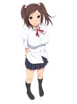  breasts brown_hair hair_ornament highres looking_at_viewer purple_eyes school_uniform short_hair simple_background skirt smile socks solo standing twintails ushisuke 