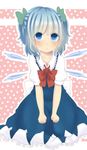  1girl absurdres alternate_hairstyle alternative_hairstyle blue_eyes blue_hair blush bow cirno dress highres ice ice_wings ribbon sitting solo touhou wings 