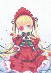  absurdres blonde_hair blue_eyes blush bonnet covering_one_eye doll doll_joints dress drill_hair floral_background flower highres light_smile long_hair north_abyssor petals ribbon rose rozen_maiden shinku solo twintails 