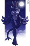  2012 3_toes anthro big_breasts breasts detailed_background female glowing_eyes looking_at_viewer lugia moon naturally_censored navel nude pok&eacute;mon pok&eacute;morph pose purple red_eyes shadow_lugia solo standing stars thick_thighs thighs walter_sache wide_hips 