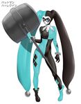  batman_(series) black_bodysuit blue_bodysuit bodysuit boots breasts checkered contrapposto cosplay dc_comics domino_mask harley_quinn harley_quinn_(cosplay) hat hatsune_miku huge_weapon jester_cap judge_martin large_breasts mallet mask pigeon-toed solo standing vocaloid weapon 
