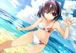  bikini black_hair blush collarbone grin looking_at_viewer navel ocean one_eye_closed red_eyes sawamura_hikaru shameimaru_aya short_hair side-tie_bikini smile solo swimsuit touhou white_bikini 