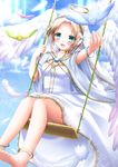  :d angel anklet bangle barefoot bird blonde_hair blue_eyes blush bracelet dress feathers feet hair_ornament halo highres jewelry large_wings open_mouth original outstretched_arm shitou short_hair sitting smile solo swing toes white_wings wings 