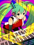  bad_id bad_pixiv_id bridal_gauntlets green_eyes green_hair grin hatsune_miku headphones instrument keyboard_(instrument) leaning_forward long_hair looking_at_viewer sakuyamochi smile solo twintails vocaloid 