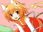  animal_ears bad_id bad_pixiv_id bent_over cat_ears cat_tail chen kachoo looking_at_viewer multiple_tails short_hair simple_background smile solo tail touhou 
