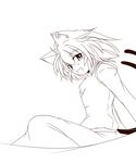  animal_ears bad_id bad_pixiv_id cat_ears cat_tail chen highres jewelry kachoo lineart looking_at_viewer monochrome multiple_tails short_hair single_earring smile solo tail touhou 