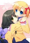  :d :o black_hair blonde_hair blue_eyes bow clannad genderswap genderswap_(mtf) green_eyes hair_bow highres hikarizaka_private_high_school_uniform hug ibuki_fuuko multiple_girls open_mouth satomi_yoshitaka school_uniform short_hair side_ponytail smile sunohara_youko 