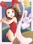  :d animal_ears bare_legs blush brown_hair bunny bunny_ears bunnysuit detached_collar food forehead full_moon hammer high_heels holding idolmaster idolmaster_(classic) kine leotard long_hair mallet minase_iori mochi mochitsuki moon open_mouth purple_eyes red_leotard shoes smile solo t-okada wagashi 