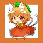  animal_ears arms_behind_back bad_id bad_pixiv_id blush brown_hair cat_ears cat_tail chen chibi highres jewelry kachoo leaning_forward looking_at_viewer multiple_tails short_hair single_earring smile solo tail touhou 