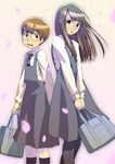  1boy 1girl age_difference aoi_hana ariga_makoto black_hair brown_hair crossdressing crossover freckles glasses height_difference highres hourou_musuko manjoume_fumi nomi school_uniform short_hair trap 