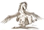  black_and_white cutie_mark equine female feral fluttershy_(mlp) friendship_is_magic hiroshi-tea horse looking_at_viewer looking_back mammal monochrome my_little_pony pegasus plain_background sitting solo wings 