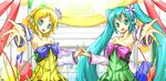  blonde_hair cheerful_candy_(module) colorful_drop_(module) colorful_x_melody_(vocaloid) detached_sleeves hatsune_miku holding_hands kagamine_rin karamoneeze long_hair multiple_girls open_mouth project_diva_(series) project_diva_2nd short_hair smile very_long_hair vocaloid 