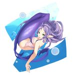  bad_id bad_pixiv_id breasts bubble cleavage earrings green_eyes highres jewelry large_breasts lips long_hair mermaid monster_girl original pointy_ears purple_hair simple_background solo underwater weien white_background 