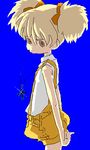  21_(198721) bangs blonde_hair blue_background brown_eyes child cross dress hatchin_morenos lowres michiko_to_hacchin ribbon shorts solo suspenders twintails 