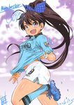  blue_eyes blush breasts brown_hair cleats clothes_writing covered_nipples dated england fang ganaha_hibiki hair_ribbon high_ponytail idolmaster idolmaster_(classic) inoue_sora jersey kneehighs long_hair manchester_city_fc medium_breasts open_mouth ponytail premier_league ribbon shirt shorts signature soccer soccer_uniform solo sportswear taut_clothes taut_shirt umbro very_long_hair 
