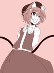  animal_ears arms_behind_back bad_id bad_pixiv_id cat_ears cat_tail chen hat highres jewelry kachoo monochrome multiple_tails open_mouth short_hair single_earring smile solo tail touhou 