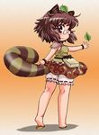  animal_ears bloomers bracelet brown_eyes brown_hair futatsuiwa_mamizou glasses highres jewelry leaf leaf_on_head notepad outstretched_arms pince-nez raccoon_ears raccoon_tail sandals shirt short_hair skirt smile solo tachikawa tail tanuki touhou underwear 