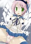  1girl blush breasts dress elbow_gloves gloves green_eyes hairband kanonno_earhart open_mouth panties pink_hair ribbon short_hair skirt skirt_lift tales_of_(series) tales_of_the_world_radiant_mythology_2 thighhighs underwear 