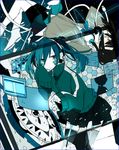  akina422 bad_id bad_pixiv_id black_hair ene_(kagerou_project) ene_no_dennou_kikou_(vocaloid) enomoto_takane green_eyes green_hair headphone_actor_(vocaloid) headphones jacket kagerou_project long_hair multiple_girls red_eyes school_uniform skirt twintails 