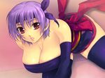  1girl all_fours ayane ayane_(doa) bare_shoulders breasts cleavage dead_or_alive elbow_gloves gloves hair_ornament hairband japanese_clothes kunoichi large_breasts legs looking_at_viewer ninja pink_eyes purple_hair short_hair skirt socks solo tecmo thighs yoko_juusuke 