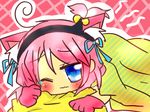  1girl animal_ears blanket blue_eyes blush cat_ears gloves hairband kanonno_earhart pink_background pink_hair ribbon tales_of_(series) tales_of_the_world_radiant_mythology_2 wink 