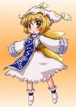  blonde_hair blush chibi dress fang fox_tail hat highres long_sleeves looking_at_viewer multiple_tails open_mouth outstretched_arms short_hair solo tabard tachikawa tail touhou white_dress wide_sleeves yakumo_ran yellow_eyes 