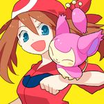  :3 ^_^ bandana bangs blue_eyes brown_hair cat closed_eyes gen_3_pokemon haruka_(pokemon) ishico lowres open_mouth pokemon pokemon_(creature) pokemon_(game) pokemon_rse skitty smile upper_body yellow_background 