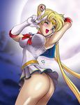  1girl :d armpits arms_up ass bishoujo_senshi_sailor_moon blonde_hair blue_eyes blush full_moon lipstick long_hair makeup moon night no_panties open_mouth outdoors sailor_moon sal0 smile solo standing tiara tsukino_usagi twintails v very_long_hair 