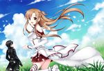  1girl aoilio asuna_(sao) black_hair brown_eyes brown_hair detached_sleeves grass kirito kneeling long_hair open_mouth petals short_hair skirt sword_art_online thighhighs 