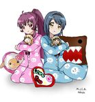  blue_hair braid brown_eyes character_doll domo-kun furutani_himawari long_hair multiple_girls nippon_housou_kyoukai oomuro_sakurako pajamas ponytail purple_eyes purple_hair sugiura_ayano toshinou_kyouko twin_braids yuru_yuri 