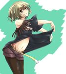  bare_shoulders blue_eyes dacho dress fringe_trim green_eyes green_hair heterochromia idolmaster idolmaster_cinderella_girls legwear_under_shorts pantyhose shorts solo takagaki_kaede 