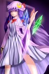  bags_under_eyes blurry bow bowtie cloak crystal depth_of_field dress hair_bow hair_ribbon hat highres long_hair meganemausu patchouli_knowledge purple purple_background purple_eyes purple_hair ribbon serious solo striped striped_dress touhou tress_ribbon vertical_stripes 