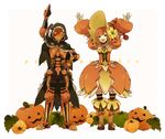  1girl armor bad_id bad_pixiv_id bubble_skirt cape dress flower gloves hat hood hood_up jack-o'-lantern mask monster_hunter monster_hunter_portable_3rd mosgharl_(armor) o-ishi orange_hair pumpkin skirt 