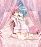  ;o ^_^ animal_ears bad_id bad_pixiv_id barefoot bed blue_hair blush bunny_ears bunny_tail camisole closed_eyes curtains dress heart heart_pillow highres hug kamichi_miyaki kneeling lingerie long_hair multiple_girls on_bed one_eye_closed original personification pillow pink_hair red_eyes short_hair smile stuffed_animal stuffed_bunny stuffed_toy tail underwear underwear_only very_long_hair 