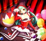  arkcide bad_id bad_pixiv_id ball balloon cat_food_(vocaloid) checkered checkered_floor choker green_hair hatsune_miku highres long_hair looking_at_viewer pantyhose project_diva_(series) project_diva_f sitting solo striped striped_legwear twintails vertical-striped_legwear vertical_stripes vocaloid yellow_eyes 
