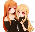  2girls :3 artist_name bare_shoulders blonde_hair blush breasts dated h_(158cm) highres long_hair multiple_girls original payot pink_eyes ponytail red_eyes red_hair sidelocks signature simple_background sleeves_past_wrists smile v very_long_hair white_background 