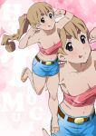  1girl arms_up bare_arms bare_legs bare_shoulders blonde_hair breasts cleavage closed_mouth collarbone denim denim_shorts double_biceps_pose flexing full_body green_eyes k-on! kotobuki_tsumugi legs long_hair looking_at_viewer medium_breasts mizuhara_tatsuya multiple_views navel pink_scrunchie pink_tube_top ponytail red_wristband sandals scrunchie shorts solo standing standing_on_one_leg thick_eyebrows thighs toenails toes tongue tongue_out wristband zoom_layer 