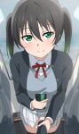  1girl 1other black_hair black_jacket breasts cellphone collared_shirt gradient_hair green_eyes green_hair grey_vest highres holding holding_another&#039;s_arm holding_phone jacket long_sleeves looking_at_viewer love_live! love_live!_nijigasaki_high_school_idol_club medium_breasts medium_hair multicolored_hair neck_ribbon nijigasaki_academy_school_uniform phone plaid plaid_skirt pov pov_hands red_ribbon ribbon school_uniform shiitake_taishi shirt sidelocks skirt smartphone smile takasaki_yuu twintails upper_body vest white_shirt white_skirt winter_uniform 