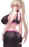  1girl ass ass_focus bare_shoulders belt_collar bike_shorts black_sports_bra blonde_hair blush breasts collar covered_nipples highres huge_breasts kubiwa_(kutan) kutan long_hair looking_at_viewer looking_back midriff original ponytail red_collar red_eyes solo sports_bra two-tone_sports_bra wristband 